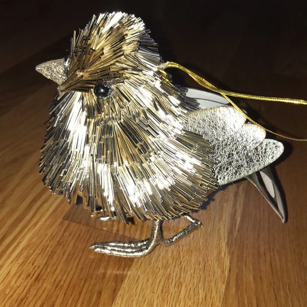 NWT Pair Anthropologie Metallic Beaded Bird Ornaments Gold